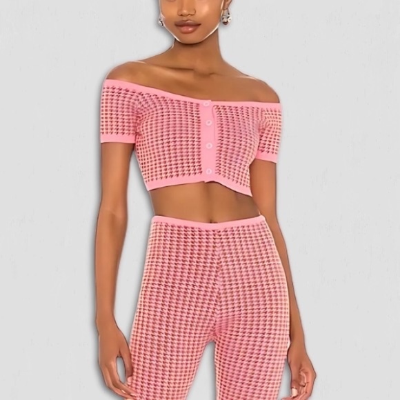 Tropic of C Revolve Cropped Knit Cardigan Pink Houndstooth Large - Picture 1 of 9